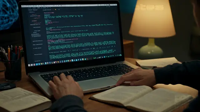 code-heavy background, focused individual typing on computer, array of coding books and mental health resources, symbols representing billing and therapy, calming color palette with hints of technical jargon