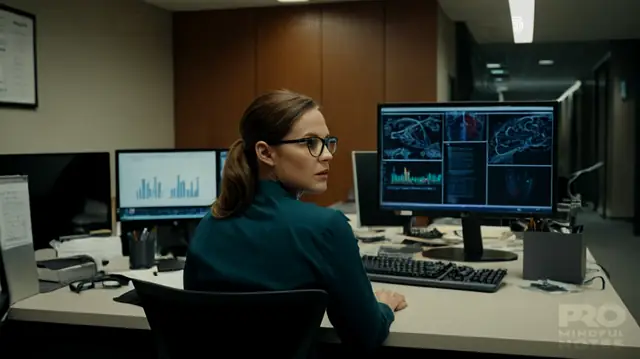 A professional's confident face, medical office setting, piles of paperwork and computer screens, subtle lighting highlighting key documents