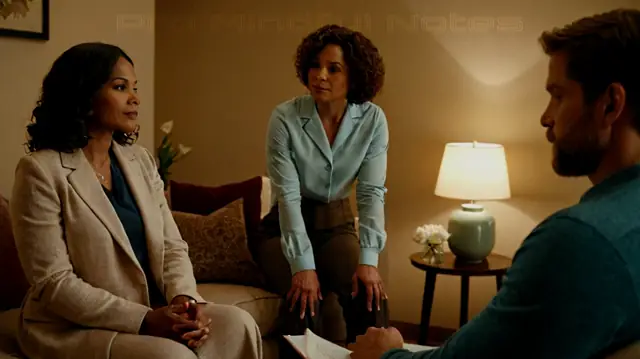 A therapist consulting a patient in a cozy room, serene atmosphere, therapeutic environment, human connection, professional attire, gentle colors, subtle background, focused expression, soft lighting, intentional gaze, sense of progress