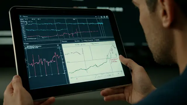 A focused RBT at a tablet screen, hand-written notes transitioning to digital format, streamlined workflow visualization, accurate behavioral data display