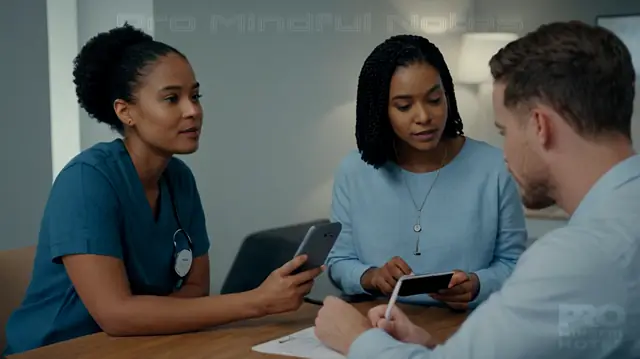 A diverse group of individuals interacting with an AI-powered mental health platform; a digital avatar representing a chatbot conversing in real-time; an illustration showcasing virtual scribe tools annotating patient notes; therapists and patients engaging seamlessly across technology interfaces