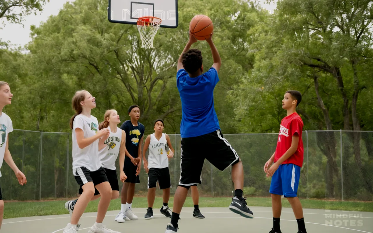 Teens playing basketball, therapist-guided group activities, calming nature scene, symbols of growth and improvement, diverse age representation, encouraging facial expressions, autism awareness ribbon motif, collaborative problem solving, supportive environment, developmental milestones, tailored interventions, interactive workshops