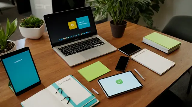 A professional therapist focused on their work, surrounded by organized digital note-taking tools such as smartphones displaying apps like Pro Mindful Notes and Evernote icons, in a minimalistic yet productive office environment