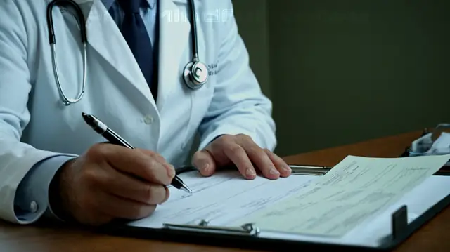 A doctor or therapist in professional attire reviewing patient files, handwritten BIRP format documentation on a clipboard, focused expression, detailed and structured note-taking, medical chart backgrounds