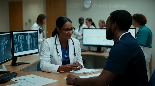 A diverse group of healthcare professionals collaborating, detailed medical charts displayed prominently, patients interacting positively with staff, serene hospital environment, advanced technology interfaces for case management