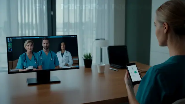 A doctor's office, digital health records on screen, patient conversing through a smartphone interface, AI chatbot assistant in background, therapy session setting, confidentiality lock icon displayed