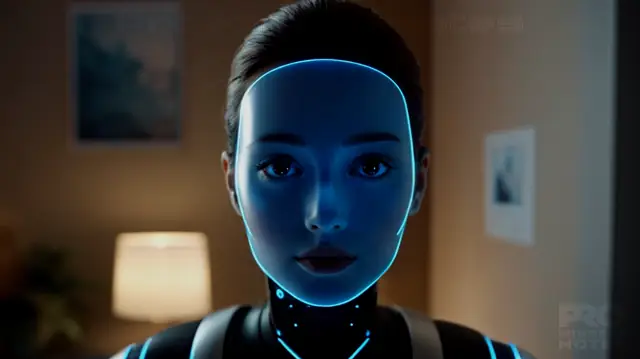 A human face engaging with an animated robotic avatar