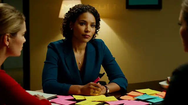A therapist sitting across from a client, pen in hand, surrounded by colorful sticky notes, thoughtful expressions on both participants' faces, symbols of self-reflection, relationships, and growth intertwined subtly