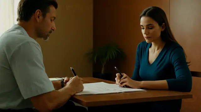 A therapist seated across from a patient, pen poised over paper; intimate expressions of concentration and contemplation; visualization of emotional introspection and therapeutic dialogue