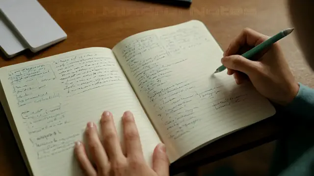 A close-up of a person's hands scribbling in a journal