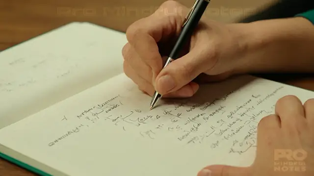 A person engaged in a therapy session, holding a pen to take notes, reflective expressions of understanding, images representing the balance between note-taking and spontaneous thought, symbols denoting growth and self-reflection, representations of relationships affected by note habits during therapy