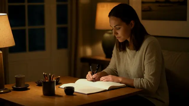 A therapist and patient in a cozy room, open notebooks, pen poised, reflective expressions, warm lighting, comfort, intimacy, emotional connection, self-exploration, growth