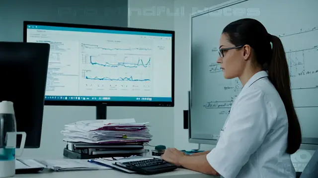 clinician's focused gaze, whiteboard filled with terms and diagrams, stack of medical documents, computer screen displaying health records software, patient monitoring devices in a clinical setting, stylized graphic elements symbolizing growth and knowledge acquisition