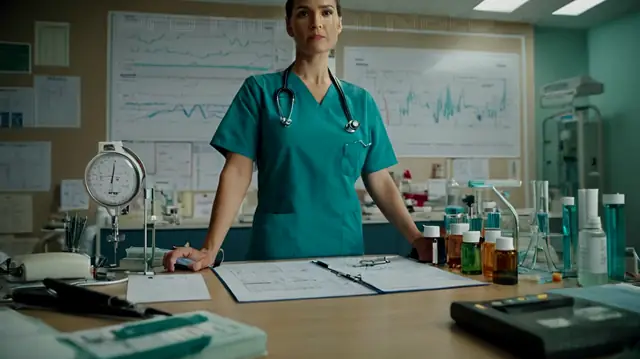 A professional-looking figure surrounded by various medical instruments and charts