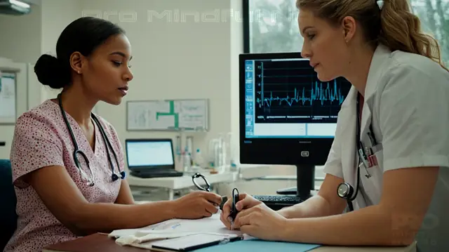 Nurse conducting patient assessment, vital sign monitor displaying heart rate and blood pressure, whiteboard covered in medical terms, stethoscope around neck, clipboard with labeled diagrams of human anatomy, laboratory technician analyzing a blood sample, electronic health record on computer screen, doctor discussing treatment options with patient, illustration showing the circulatory system, medical student taking notes from a textbook