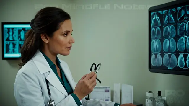 doctor in white coat examining patient, stethoscope on chest, array of medical charts and tests visible, digital display showing data graphs, focus on accuracy and detail in documentation, clinical setting ambiance