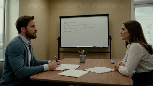 Couples sitting across from each other, handwritten notes in mid-air, a couple's therapy office background, shorthand abbreviation symbols on a whiteboard, engaged counselor listening intently