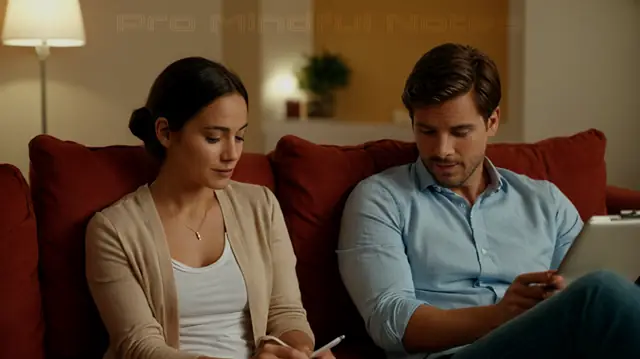 love interests engaged in conversation, therapeutic setting, professional counselor taking notes, couple on a cozy couch, soft background music playing, warm lighting, open posture of both partners, reflective expressions, symbolic couples' therapy tools displayed subtly