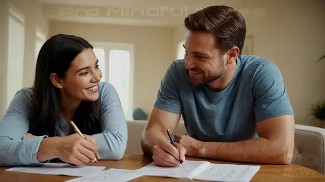 Couple in a therapeutic session, handwritten notes, smiling faces, peaceful ambiance, open body language, empathetic counselor, focused couple interaction, mental health symbols, effective communication, relationship growth, professional therapy setting