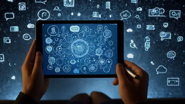 A focused professional holding a tablet, animated symbols representing thought bubbles merging into neatly organized digital pages, vibrant contrasts of blues and greys for calm and efficiency
