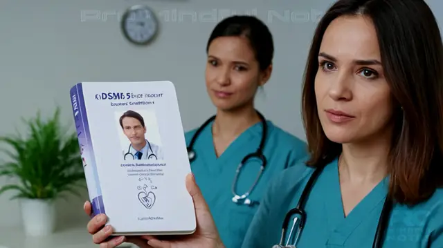 a doctor analyzing a set of symptoms, hands holding a book titled 'DSM-5', diverse patient portraits showing different moods and expressions, medical equipment in the background for clinical accuracy, color scheme suggesting professionalism and trust