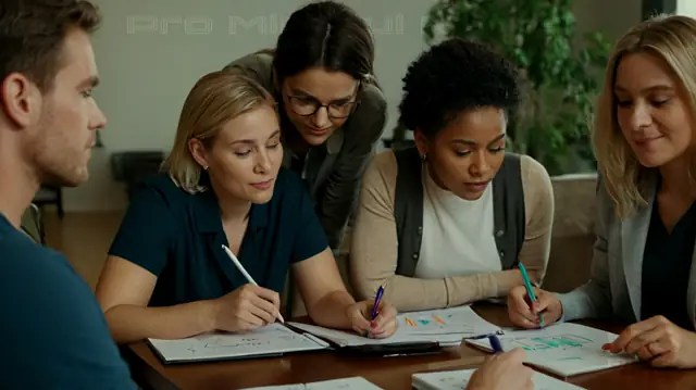 A diverse group of therapists engaged in a lively discussion, intricate relationship diagrams, dynamic hand-written notes on various documents, thoughtful facial expressions capturing moments of insight, and colorful pens sketching out connections between different individuals