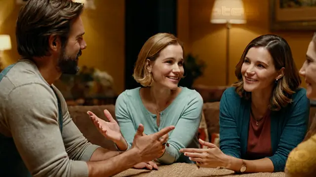 family members engaging in conversation, hand gestures indicating active listening, a warm atmosphere, empathetic expressions, therapeutic session setting