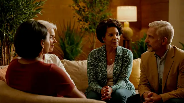 A group of diverse-aged family members engaging in a therapeutic conversation, an empathetic therapist facilitating discussion, warm colors to convey comfort, open body language indicating active listening and participation, symbols representing growth such as trees or upward arrows