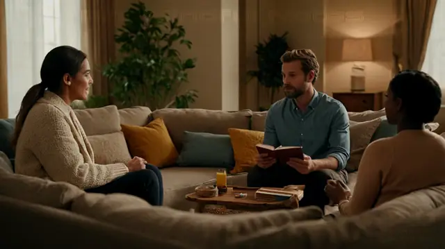 A group of diverse individuals engaged in a heartfelt conversation around a cozy living room set, an empathetic therapist facilitating the session, symbols representing growth and connection intertwined subtly within the scene