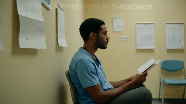 An individual sitting attentively in a mental health clinic room, holding FIRP notes, engaged with a digital device for recording treatment details, overlooking charts tracking patient progress on a wall nearby