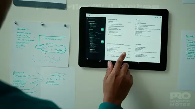 A person intently reviewing a digital tablet displaying FIRP notes interface; serene mental health clinic setting; multiple patients engaged in focused interactions with professionals using paper and pens; vibrant charts depicting progress tracking visibly displayed on walls; insurance-related documents prominently featured on desks