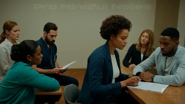 A diverse group of individuals engaging in mental health therapy sessions, medical professionals annotating treatment notes using FIRP notation, patients reviewing their progress over time, and insurance agents evaluating reimbursement claims based on documented care plans