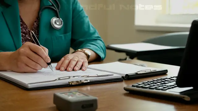 A mental health therapist taking notes, a client interacting with assessment tools, an organized file system for FIRP documents, a chart displaying patient progress over time, and insurance claim forms open on a desk
