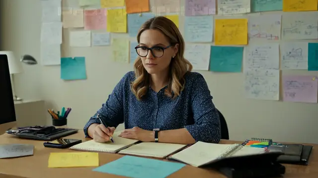 A woman sitting at a desk with computer and notepad in hand, surrounded by colorful notes, symbols, and mental health diagrams; illustration of Streamline GIRP note format with labeled components; therapist-client interaction emphasizing focused attention on mental health record