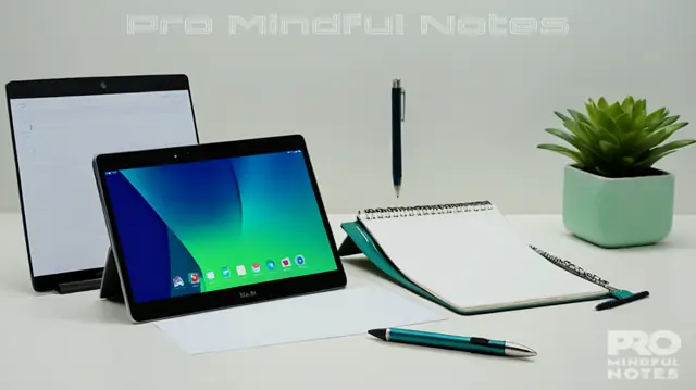 A white background, various shades of blue and green color scheme, a sleek digital device displaying Streamline software interface, therapist's pen hovering above a GIRP note template, open tabs showcasing best practices guidelines and example notes