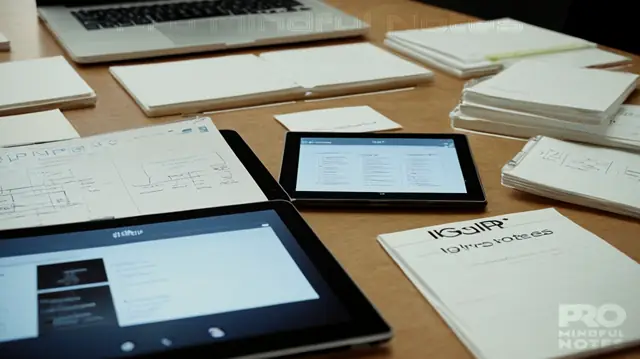 A professional setting, stacks of organized digital folders labeled 'IGBIRP notes', a series of interconnected flowcharts symbolizing workflow processes, and individuals engaged in focused dialogue using tablets or laptops displaying documentation interfaces