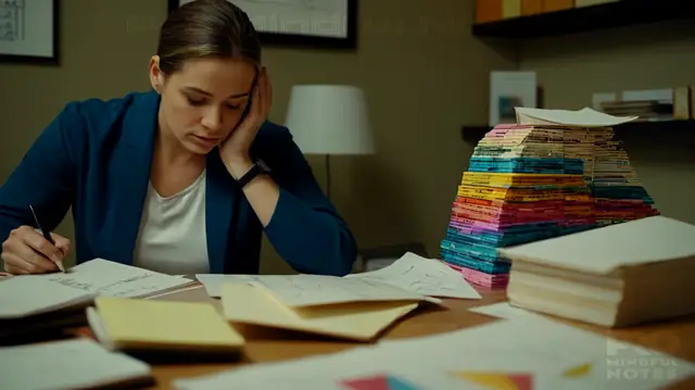 A therapist surrounded by organized note stacks