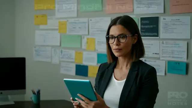 A professional therapist holding a tablet displaying IGBIRP codes, surrounded by organized files representing structured notes, a visual timeline of client milestones, and positive mental health symbols