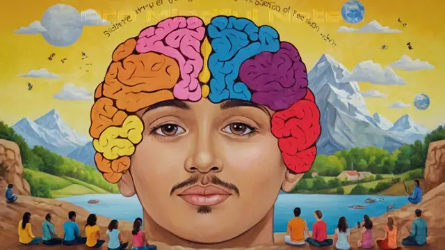 A serene therapy session, a motivational quote poster, individuals engaged in group activities, colorful diagrams of brain functioning, diverse faces showing varied emotions, meditation symbols, uplifting music note icons, and vibrant nature landscapes