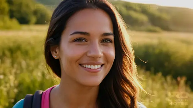 woman smiling, nature landscape, tranquil atmosphere, inspirational quotes, various colors, diverse age groups, uplifting message, thriving community, symbolic imagery, hopeful vision, mental well-being emblems, vibrant illustrations, serene setting