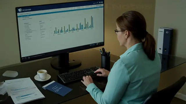 A professional therapist consulting over an electronic table displaying a list of insurance providers, a stack of patient files indicating covered services, a graph showing various reimbursement levels and panels' networks