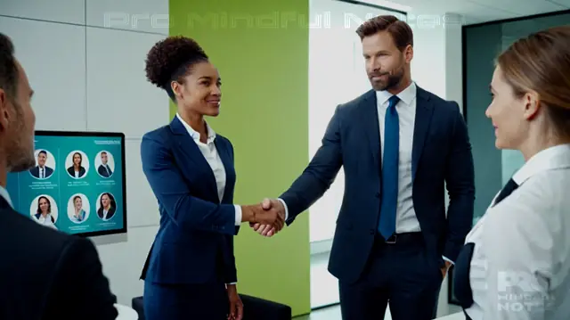 A diverse group of people in professional attire, therapy office setting, large health insurance brochures, digital screens displaying panel details, confident handshakes between professionals