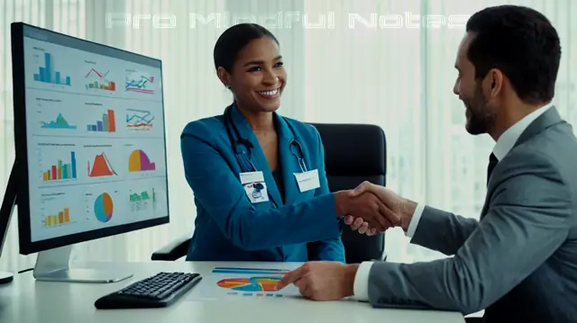 A confident therapist in professional attire, smiling at a computer screen displaying healthcare statistics, a colorful chart of insurance panels, and an inviting handshake between two professionals discussing business development