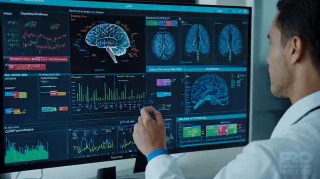 A focused image of a medical chart, colorful diagrams of brain activity, mental health specialists reviewing codes, ICD-10 classification system highlighted, confident professional stance, modern digital billing interface, 2024 future vision overlay