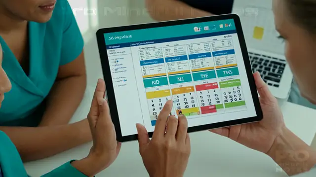 A diverse group of therapists working on a digital tablet, displaying colorful graphs of ICD-10 codes, mental health icons, calendar notifications for training updates, and billable procedure listings