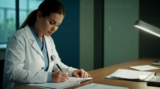 A patient sitting at a desk, looking through documents, confident expression, modern medical facility background, open folder of personal records