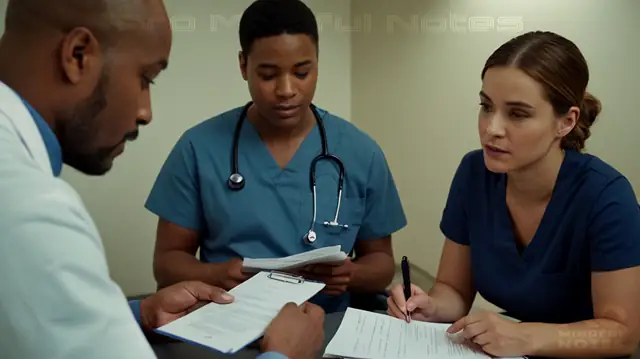 A diverse group of patients engaged in conversation with a doctor, hand holding over confidential documents, individuals reading legal texts about patient rights, serene mental health facility setting