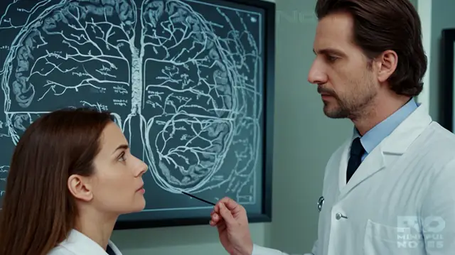 A doctor conducting a mental status examination on a patient, intricate diagrams of the brain showcasing neural connections related to cognition and emotion, an assortment of psychological assessment tools laid out for use, serene backdrop suggesting contemplation and focus