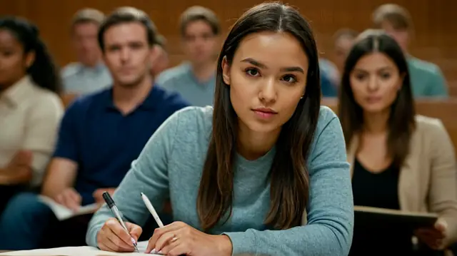 med student taking notes in lecture hall, focused expression on face, pen poised above paper, vibrant academic environment, diverse disciplines represented, collaborative learning atmosphere