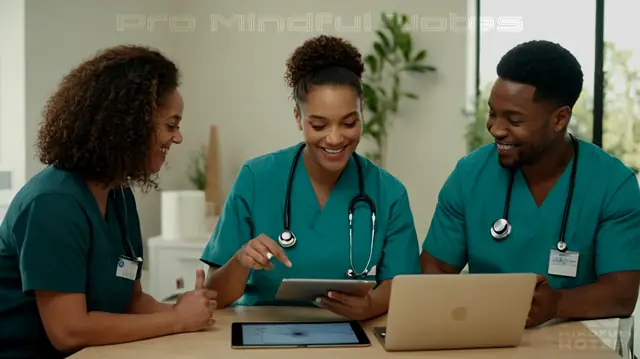 A diverse group of smiling individuals engaging in a supportive conversation, healthcare professionals diligently recording details on digital tablets, serene therapeutic setting with calming decor, modern clinical workspace filled with organized tools and technology